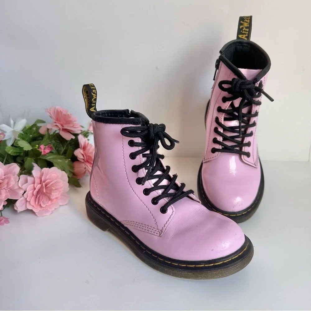 Dr. Martens Lamper 1460J Light Pink Patent Leather Lace Up- Side Zip Girl Boots